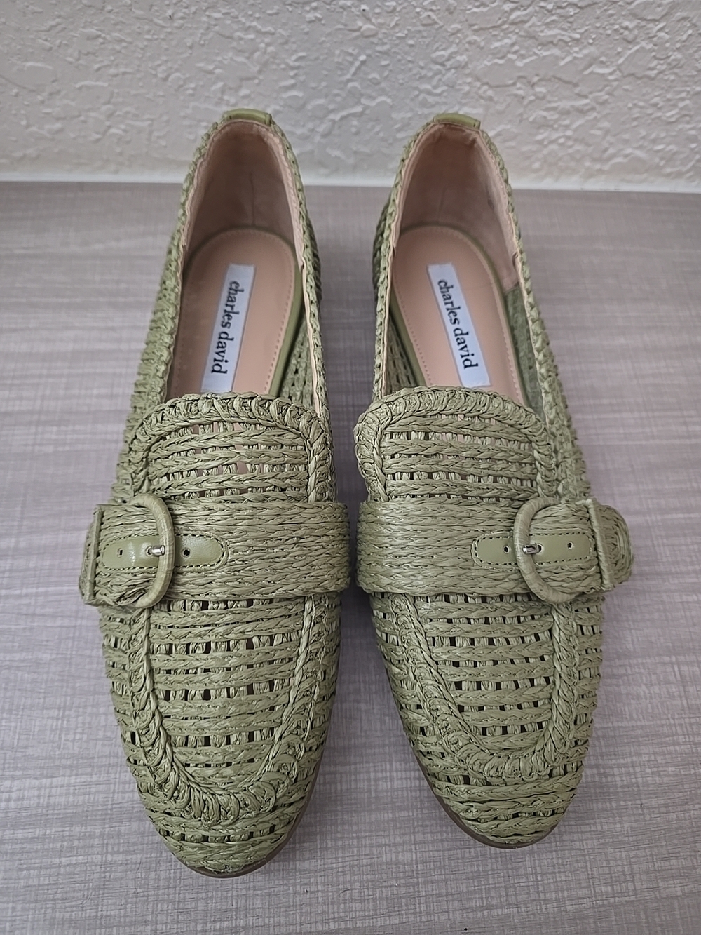 Charles David "Follies" Woven Raffia Buckle Loafers - Sage Green (Size 8M)